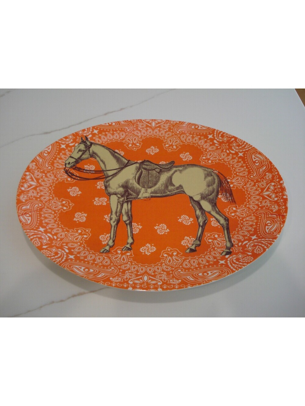 Thompson Melamine Orange Paisley /Bandann Print Horse Oval Platter